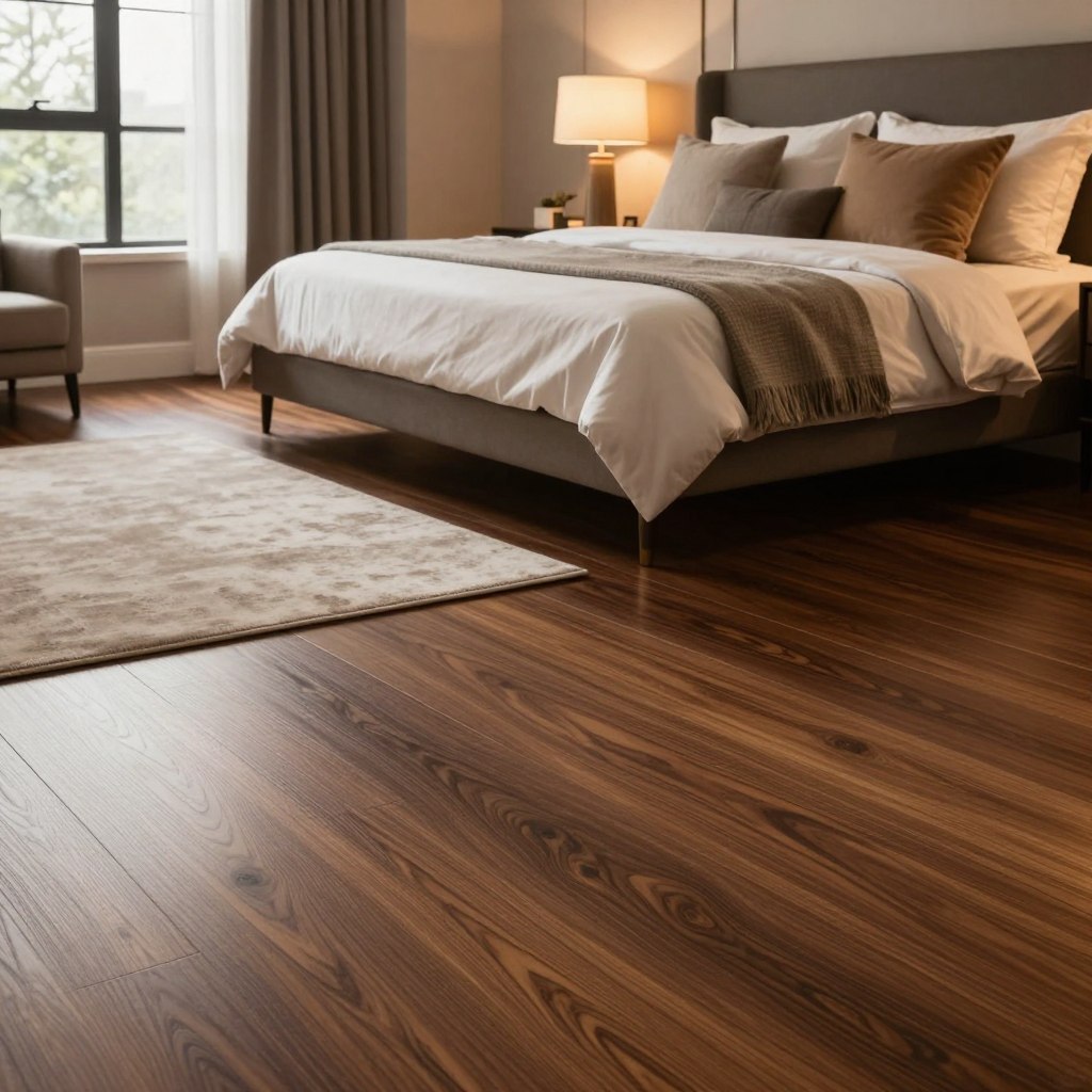A beautifully designed bedroom featuring rich walnut flooring, polished to a deep sheen. In the foreground, a plush area rug in soft, neutral tones contrasts elegantly with the dark wood. Cozy textiles adorn the bed, including a thick, knit throw blanket and an array of assorted pillows in warm colors. The ambiance is enhanced by warm lighting, emanating from elegant bedside lamps with soft, diffused shades. In the background, large windows allow gentle natural light to filter in, adding to the warmth of the space. The scene is captured from a low angle, emphasizing the texture of the flooring and the inviting atmosphere of the room. The overall mood is serene, sophisticated, and luxurious, showcasing the elegance of walnut bedroom flooring.