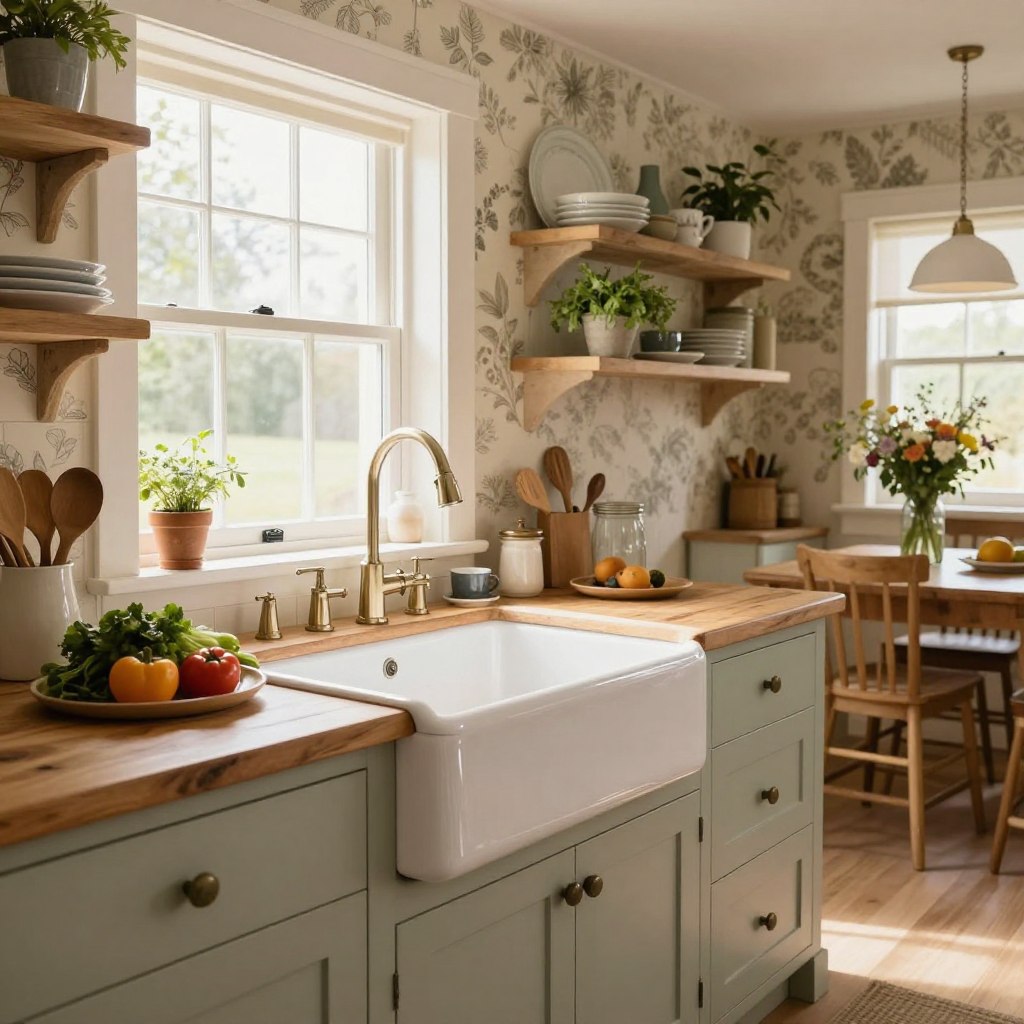 A beautifully designed farmhouse kitchen featuring a stunning apron front sink as the focal point, warmly lit by soft, natural light streaming through a large window. In the foreground, the sink showcases a classic white ceramic finish with elegant, detailed edges, complemented by a rustic wooden countertop adorned with fresh vegetables and kitchen utensils, conveying a sense of homey functionality. In the middle ground, the kitchen cabinets are painted in a soft pastel shade, with open shelves displaying charming dishware and potted herbs. The background features vintage-style wallpaper and a cozy, inviting atmosphere, enhanced by hanging pendant lights and a bouquet of wildflowers on the table. The overall mood should evoke a sense of warmth, comfort, and timeless country charm.
