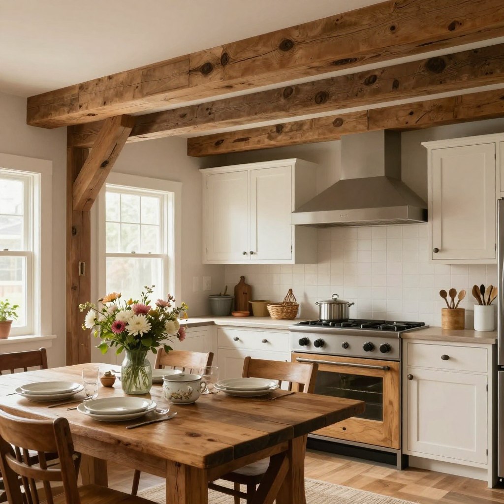A beautifully designed farmhouse kitchen featuring reclaimed wood beams that gracefully arch across the ceiling. In the foreground, a rustic wooden table is set with vintage crockery and fresh flowers, inviting warmth and intimacy. The middle ground showcases the kitchen cabinetry, featuring a mix of white finishes and natural wood accents, harmonized with farmhouse-style hardware. Background elements include large windows allowing soft, natural light to filter in, enhancing the cozy ambiance. The scene is captured with a warm color palette, emphasizing the richness of the wood textures. The atmosphere is inviting and tranquil, evoking a sense of homeliness and craftsmanship in a beautifully designed functional space.