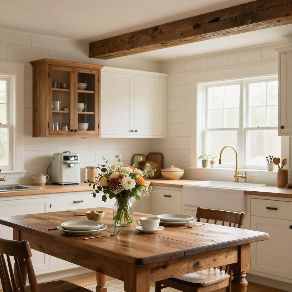 A beautifully designed farmhouse kitchen featuring shiplap walls, embodying warmth and rustic charm. The foreground showcases a vintage wooden farmhouse table adorned with fresh flowers and simple dishware, inviting warmth. Moving into the middle ground, the shiplap walls are painted a soft white, with subtle wood grain texture, complementing the exposed wooden beams and antique-style cabinetry. In the background, large windows let in natural light, highlighting the light-colored countertops and retro appliances. The lighting is warm and soft, creating a cozy atmosphere. The entire scene evokes a sense of tranquility and homeliness, perfect for a stunning farmhouse kitchen aesthetic.