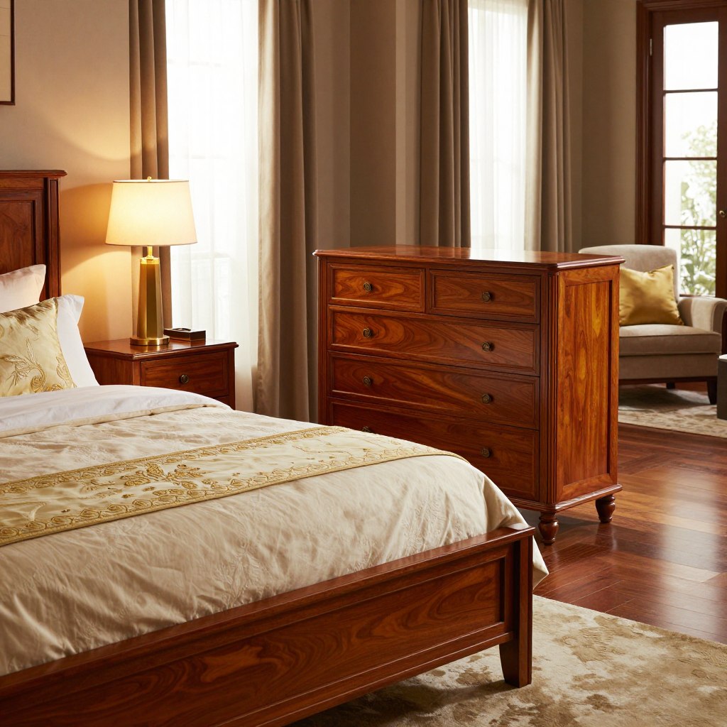 A beautifully designed mahogany bedroom featuring warm wood tones and elegant gold accents. In the foreground, a plush king-sized bed adorned with a textured cream duvet and gold-embroidered throw pillows. To the side, a sleek modern nightstand with a golden lamp casting a warm glow. The middle section showcases a rich mahogany chest of drawers, complementing the dark wood floor that exudes warmth and sophistication. Elegant curtains gently frame large windows, allowing soft, ambient light to filter in. In the background, a stylish armchair with a gold accent pillow creates a cozy reading nook. The overall mood is inviting and luxurious, capturing the timeless appeal of mahogany in a serene and elegant setting.