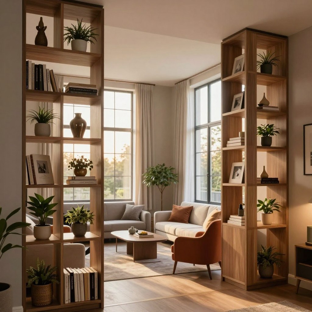 A beautifully designed small living room featuring innovative vertical shelving solutions that maximize space and draw the eye upward. In the foreground, showcase a stylish tall bookshelf with a variety of decorative items like plants, books, and artwork. The middle of the room reveals a cozy seating area with a compact sofa and elegant accent chairs, all in complementary colors. In the background, large windows let in natural light, enhancing the airy atmosphere, while light curtains flow gently. The scene is captured with warm, soft lighting, simulating a late afternoon glow. Use a slightly elevated angle to emphasize the height of the room and the vertical lines of the shelving, creating a sense of openness and sophistication.