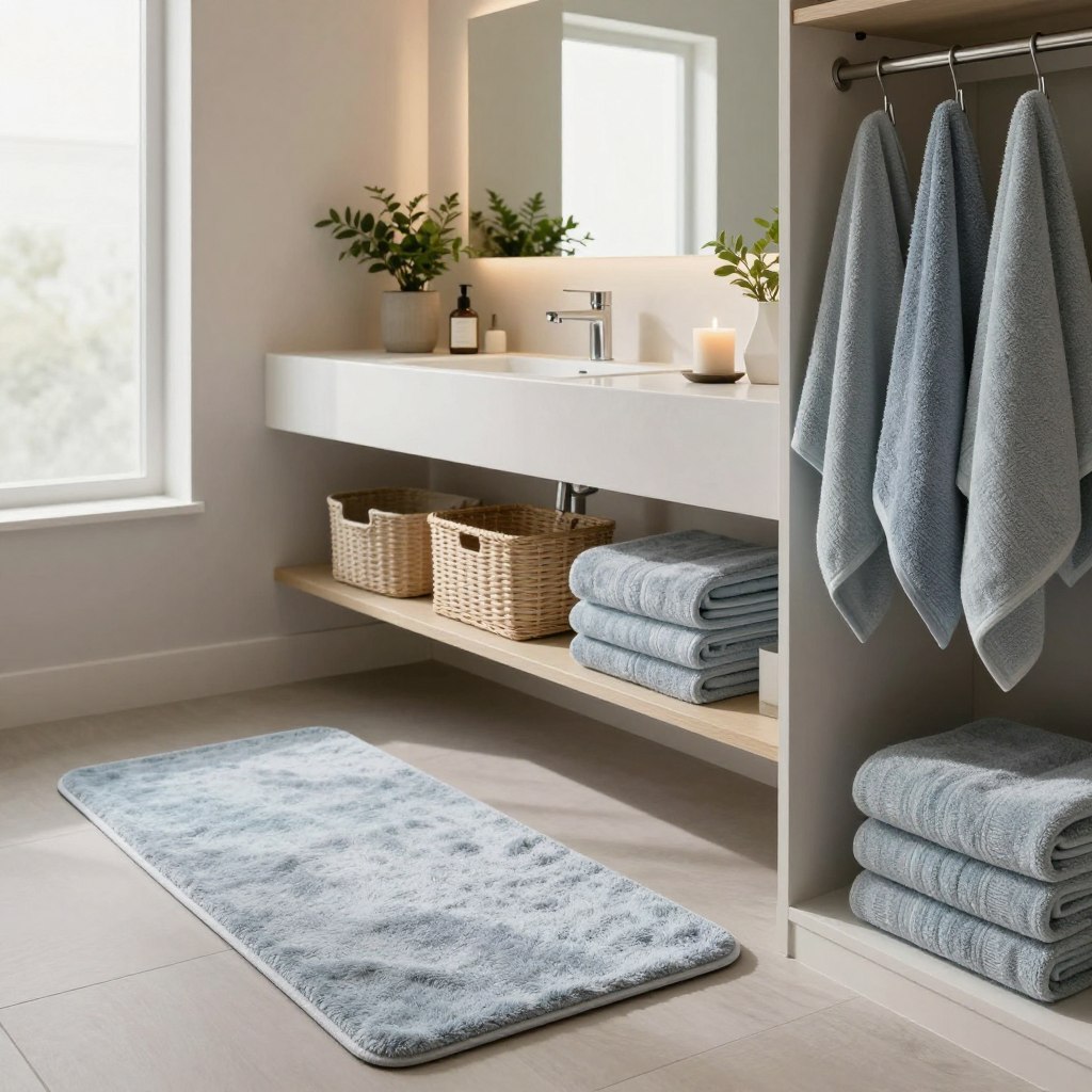 A beautifully modern bathroom makeover featuring sleek, minimalist design elements. In the foreground, showcase plush towels and elegant bath mats in soft, muted colors like pastel blue and gray. The middle ground highlights a chic vanity with a contemporary sink, surrounded by decorative plants and stylish storage baskets. In the background, a large mirror reflects natural light pouring in through a frosted window, casting a warm, inviting glow throughout the space. The atmosphere is serene and calming, emphasizing relaxation and sophistication. Include modern accessories like a geometric soap dispenser and candles in tasteful holders to accentuate the updated aesthetic. Capture this scene from an angle that provides a clear perspective of the entire room, focusing on both the textiles and the overall design coherence.