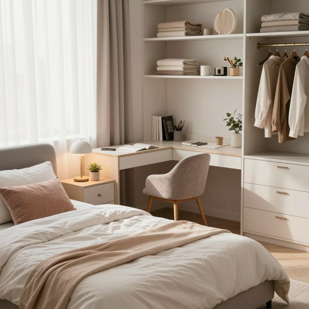 A beautifully organized small bedroom featuring minimal furniture. The foreground shows a neatly made bed with a soft, light-colored duvet and a couple of decorative pillows. Beside the bed is a small, stylish nightstand with a modern lamp and a potted plant. In the middle, a compact desk with a sleek design and a cozy chair, decorated with a few books and stationery, reflecting a productive atmosphere. The background reveals a well-arranged closet with open shelving, displaying neatly folded clothes and decorative items. Soft natural light filters through sheer curtains, creating a warm and inviting ambiance. The room is decorated in a calming color palette of whites, pastels, and earthy tones, conveying tranquility and simplicity. The angle captures the layout effectively, emphasizing an organized and spacious feel.