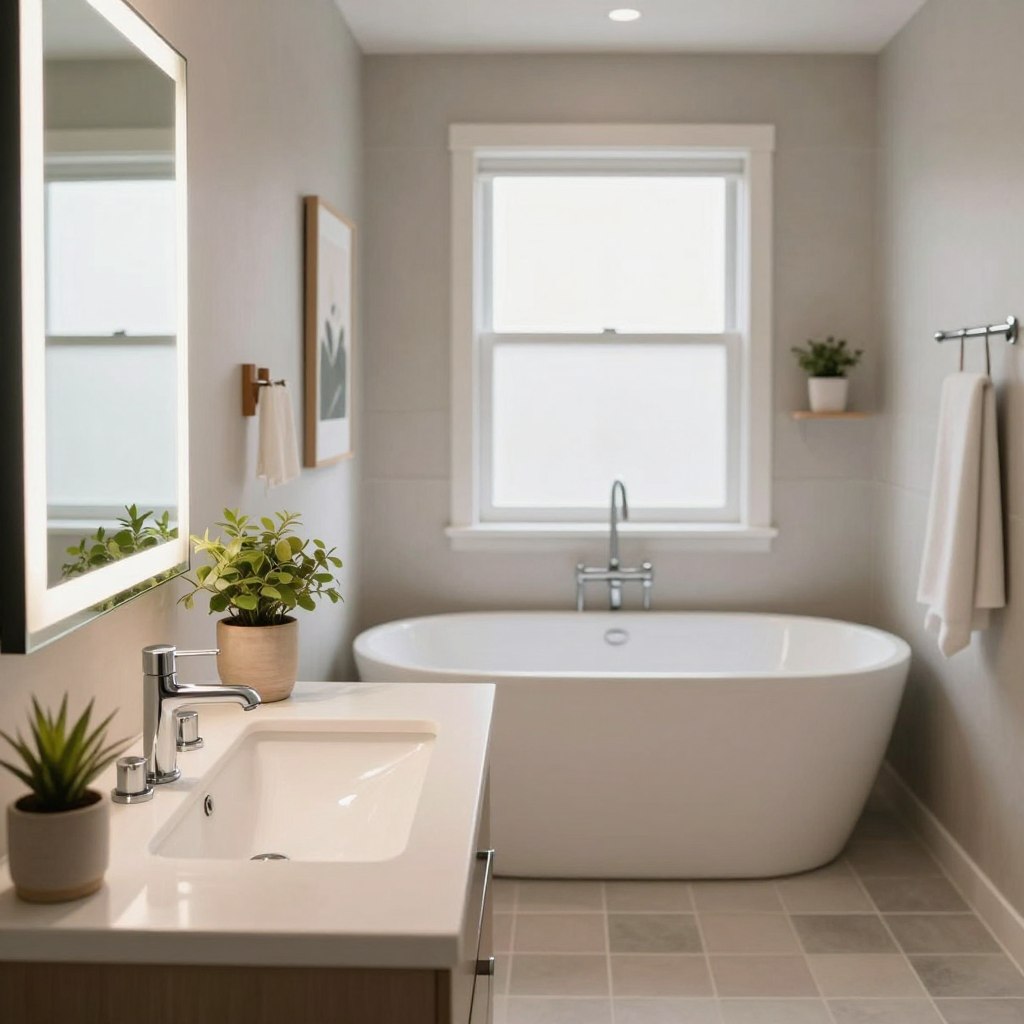 A beautifully renovated bathroom showcasing modern hardware and fixtures on a budget. In the foreground, a sleek, minimalist sink with polished chrome faucets, a modern mirror with LED lighting, and simple decor like potted plants. The middle ground features a contemporary bathtub with a matte finish and stylish wall-mounted fixtures, surrounded by tasteful art and neutral tones. In the background, soft natural light filters in through a frosted window, highlighting the room's clean lines and serene atmosphere. The flooring is a mix of stylish tiles that add warmth to the space, creating an inviting ambiance perfect for a gentle update. The overall mood is fresh and accessible, ideal for homeowners looking to modernize their dated spaces without overspending.