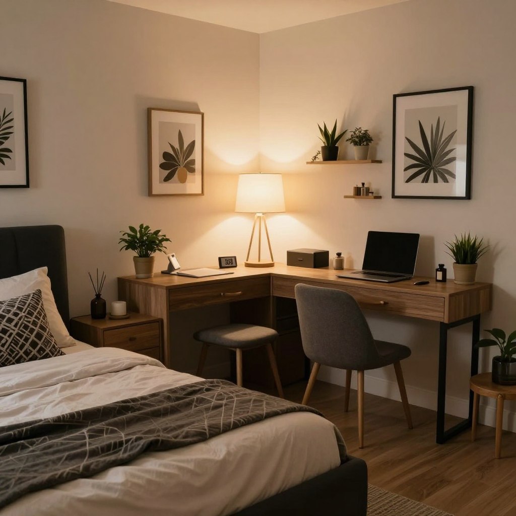 A beautifully styled couples bedroom that showcases practical decorating tips for shared spaces. In the foreground, a cozy bed with matching neutral-tone bedding and decorative pillows, surrounded by stylish yet functional nightstands. The middle features a harmoniously organized workspace with a contemporary desk and two comfortable chairs, illustrating shared use. In the background, soft, ambient lighting washes over the room, with warm tones emanating from a chic table lamp. The walls display a curated collection of wall art and plants, enhancing intimacy and comfort. The overall mood is inviting and tranquil, designed for collaboration and relaxation, with a focus on maximizing space efficiency and aesthetics in a small bedroom. A beautifully styled couples bedroom that showcases practical decorating tips for shared spaces. In the foreground, a cozy bed with matching neutral-tone bedding and decorative pillows, surrounded by stylish yet functional nightstands. The middle features a harmoniously organized workspace with a contemporary desk and two comfortable chairs, illustrating shared use. In the background, soft, ambient lighting washes over the room, with warm tones emanating from a chic table lamp. The walls display a curated collection of wall art and plants, enhancing intimacy and comfort. The overall mood is inviting and tranquil, designed for collaboration and relaxation, with a focus on maximizing space efficiency and aesthetics in a small bedroom.