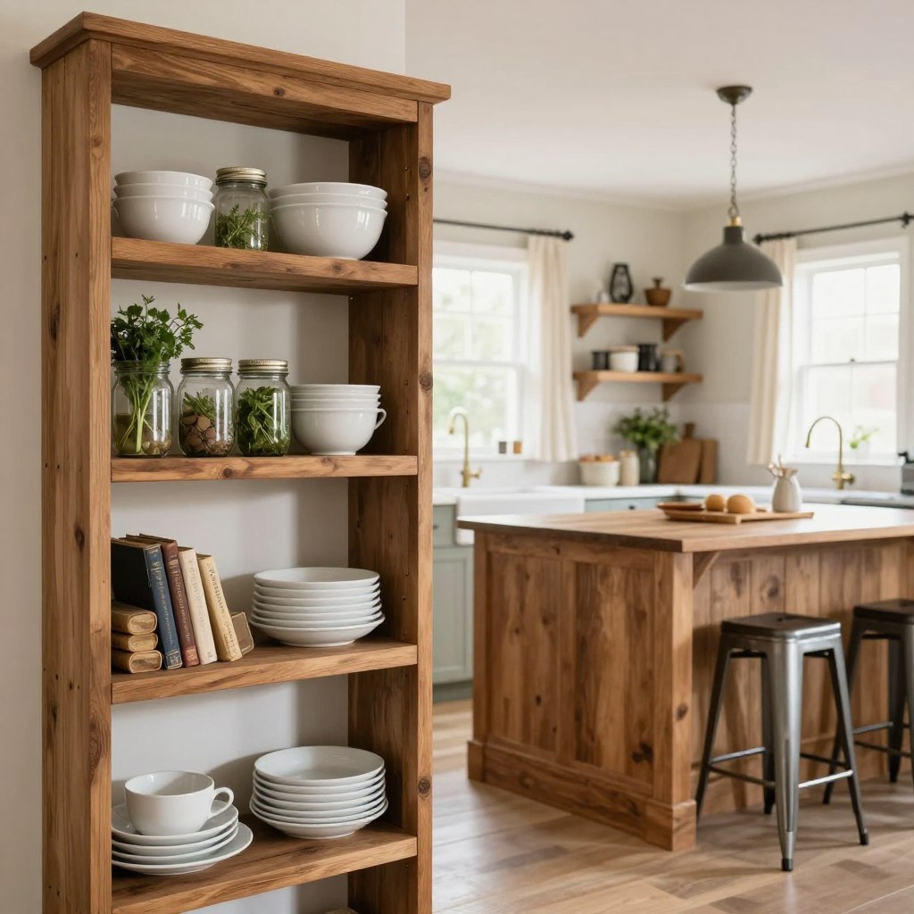A bright and inviting farmhouse kitchen featuring stylish open shelving. In the foreground, rustic wooden shelves display a curated selection of white dishware, mason jars filled with herbs, and vintage cookbooks. The middle of the scene showcases a large, farmhouse-style island with a distressed wood finish and metallic bar stools, adding to the cozy ambiance. In the background, natural light floods through a window adorned with simple, airy curtains, highlighting soft neutral tones and warm wood accents throughout the kitchen. The overall atmosphere is warm and homely, evoking a sense of comfort and practicality, perfect for family gatherings. The image should be well-lit, capturing the homely essence of a rustic kitchen design while emphasizing the beauty of open shelving.