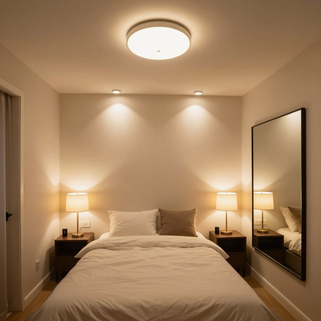 A compact bedroom featuring innovative design ideas focused on layered lighting. In the foreground, showcase a sleek bed with elegant bedding, complemented by modern bedside tables with chic lamps casting warm, inviting light. The middle section displays strategically placed wall-mounted lights and a stylish ceiling fixture, creating a balanced illumination that enhances the room's space. The background features soft-colored walls and a simple, practical layout, emphasizing the cozy atmosphere. The room should have a large mirror reflecting light, maximizing the sense of space. Use a warm color palette and a cozy, inviting atmosphere, captured from a slightly elevated angle to highlight the layering of lights and the efficient use of space.