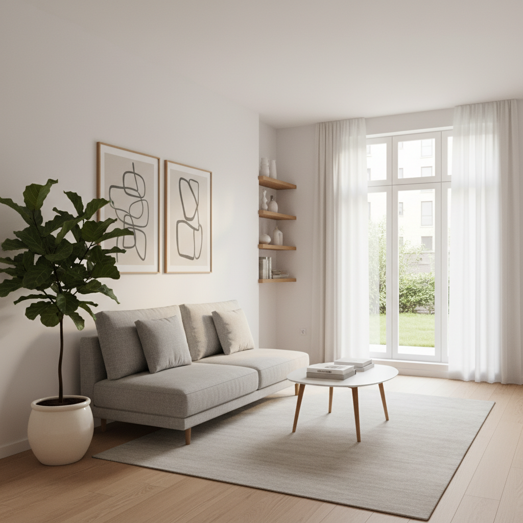 A compact living room featuring a minimalist design approach, showcasing a harmonious blend of functionality and aesthetics. The foreground includes a sleek, low-profile sofa with soft neutral upholstery, accompanied by a geometric coffee table. In the middle, an airy layout highlights strategically placed decorative elements like a potted plant and minimalist artwork on the walls, enhancing the feeling of space. The background reveals a large window allowing natural light to flood the room, creating a warm and inviting atmosphere. The scene is captured with a wide-angle lens, emphasizing the room’s openness and clarity. Soft ambient lighting enhances the tranquility, while a subtle color palette of whites, grays, and natural wood tones reinforces the minimalist theme. The overall mood is serene and clutter-free, perfect for small living spaces.