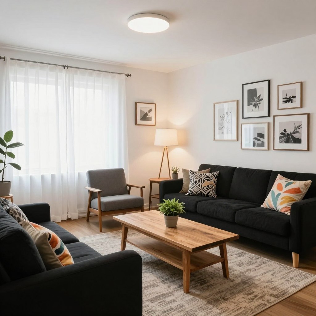 A cozy and cost-effective living room designed for a modern yet affordable aesthetic. In the foreground, a plush, neutral-colored sofa with patterned throw pillows invites relaxation. A simple coffee table made of reclaimed wood sits on a textured area rug, adorned with a small potted plant for a touch of greenery. In the middle ground, a stylish accent chair complements the sofa, while a gallery wall showcases affordable art prints in sleek frames. The background features a window with sheer white curtains letting in soft, natural light, highlighting the warm, inviting atmosphere. The room is spacious but intimate, conveying a sense of comfort and creativity. The lighting is warm and diffused, with a slight overhead light creating a calm ambiance, perfect for an affordable living room design.
