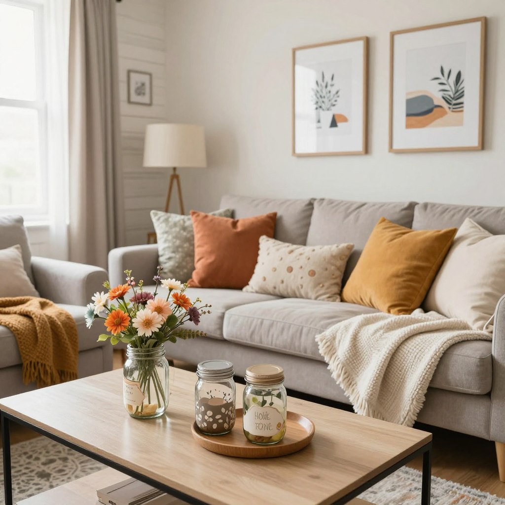 A cozy and inviting living room showcasing budget-friendly home refresh techniques. In the foreground, a stylishly arranged coffee table with DIY decorative items like painted mason jars and a floral centerpiece made from affordable faux flowers. The middle features a sofa adorned with colorful throw pillows and a soft, textured blanket, all in warm, inviting hues. On the walls, there are framed art prints and a faux wood wall panel, adding character. In the background, soft, natural light streams through a window with sheer curtains, creating a bright, airy atmosphere. The mood is relaxed and cheerful, perfect for illustrating budget home updates. The lens captures a wide angle to embrace the full space, highlighting the simplicity and charm of affordable decor.