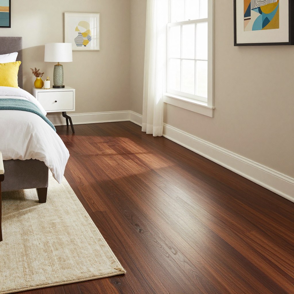 A cozy bedroom featuring rich chocolate brown hardwood flooring that adds warmth and depth to the space. The walls are painted in a soft, light hue, creating a tranquil atmosphere, while bright decorative accents like vibrant cushions and artwork lend a cheerful contrast. In the foreground, a plush area rug complements the flooring, inviting a sense of comfort. The room is softly lit by natural daylight streaming through a large window, highlighting the textures of the wood and the furnishings. The lens captures a slight angle, showcasing the elegant balance between the darker floors and lighter elements, evoking a stylish yet inviting ambiance. The overall mood is serene and welcoming, perfect for a peaceful retreat.
