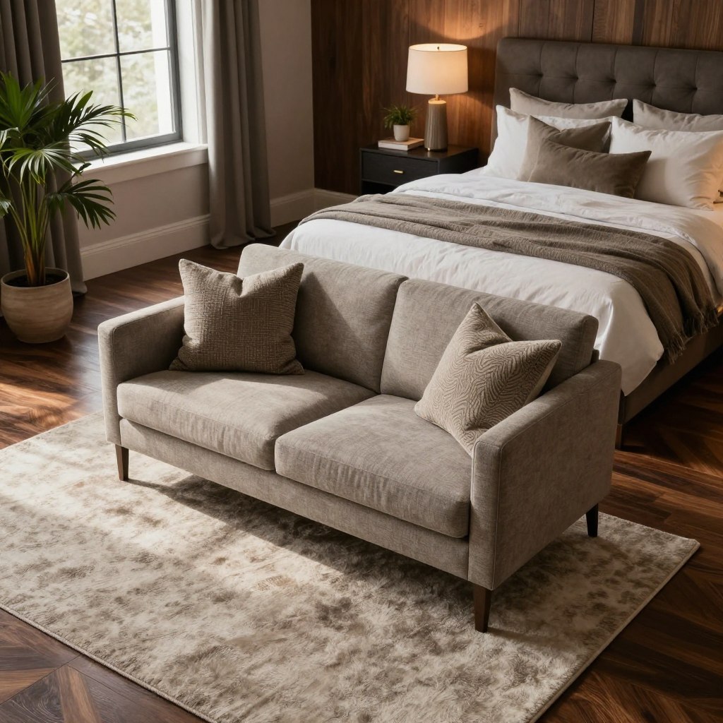 A cozy bedroom featuring rich dark wood flooring, elegantly arranged with stylish furniture. In the foreground, an inviting plush area rug in soft neutral tones anchors a seating area with a chic modern loveseat and a couple of decorative cushions. The middle ground showcases a beautifully made bed with luxurious linens, a tufted headboard, and bedside tables adorned with tasteful lamps. In the background, a window allows gentle natural light to filter in, casting warm shadows and enhancing the rich wood texture. The overall atmosphere is serene and sophisticated, with deep earthy tones and a few potted plants adding a touch of nature for an elevated decor feel. The composition should be from a slightly elevated angle, showcasing the arrangement of furniture while maintaining a balanced and inviting ambiance.