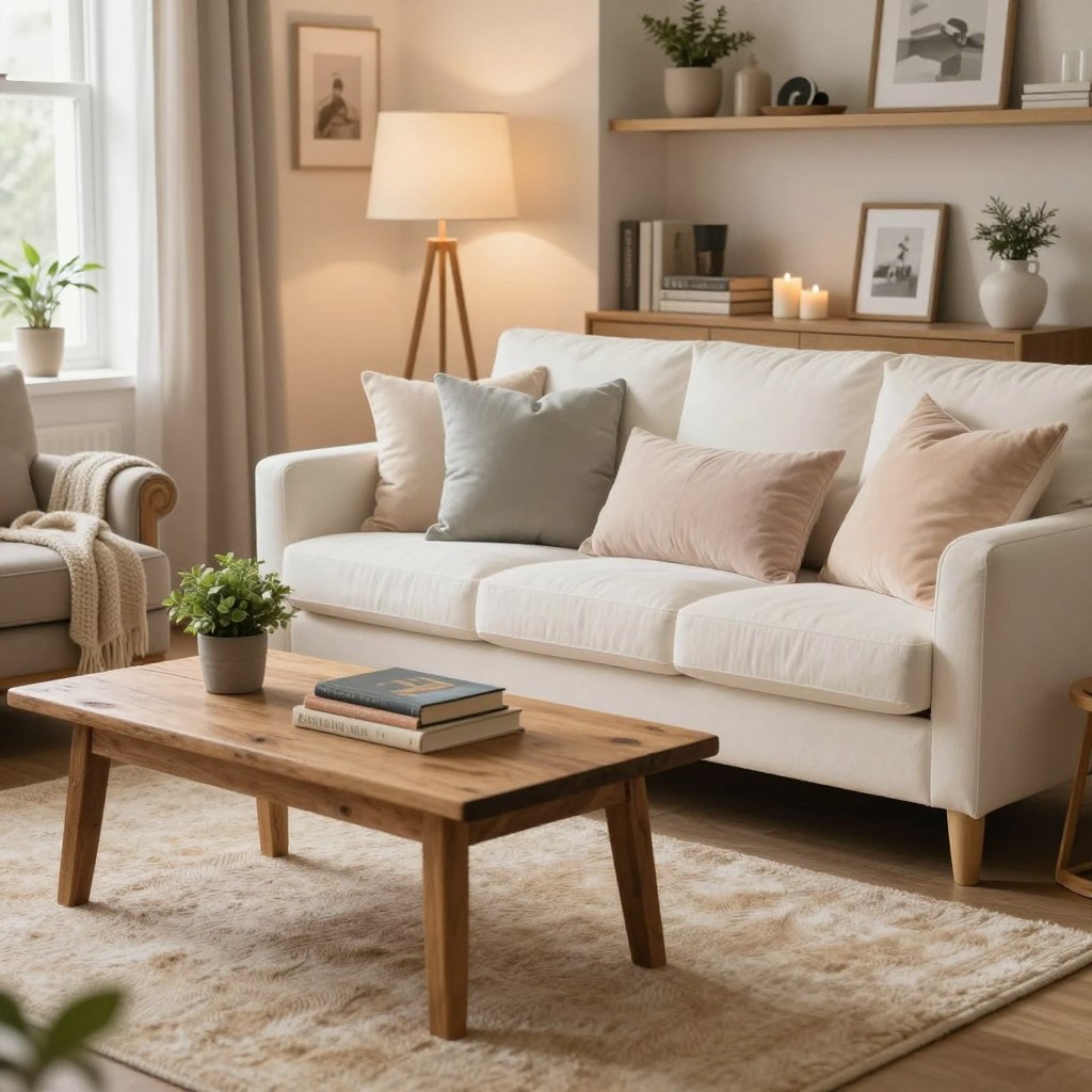 A cozy, budget-friendly living room adorned with soft textures and inviting elements. In the foreground, a plush, beige area rug lies beneath a low, reclaimed wood coffee table decorated with a few decorative books and a small potted plant. The middle layer features a comfortable, neutral-colored sofa layered with throw pillows in various pastel shades and a soft knitted blanket draped over the armrest. To the side, a vintage-style armchair adds character, with a cozy knit throw casually tossed over it. The background showcases a warm, softly lit lamp and shelves filled with affordable decor pieces like candles and framed photos. The setting is bathed in gentle, diffused sunlight coming through a window, creating a relaxed, comforting atmosphere perfect for unwinding.