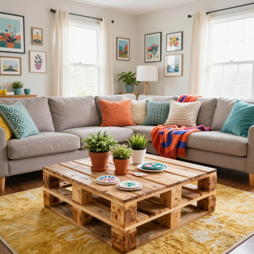 A cozy, budget-friendly living room makeover featuring DIY decor ideas. In the foreground, a stylish upcycled coffee table made from pallets adorned with potted plants and handmade coasters. The middle section shows a cheerful, inviting couch with colorful throw pillows and a vibrant blanket, near a bright rug that adds warmth to the space. In the background, light floods through large windows with sheer curtains, illuminating a gallery wall of thrifted and personal art. The atmosphere is cheerful and creative, evoking a sense of homey charm. The lighting is bright and soft, simulating a sunny afternoon, with a wide-angle perspective to capture the entire room's essence. Focus on the details that highlight frugality and creativity in home improvement.