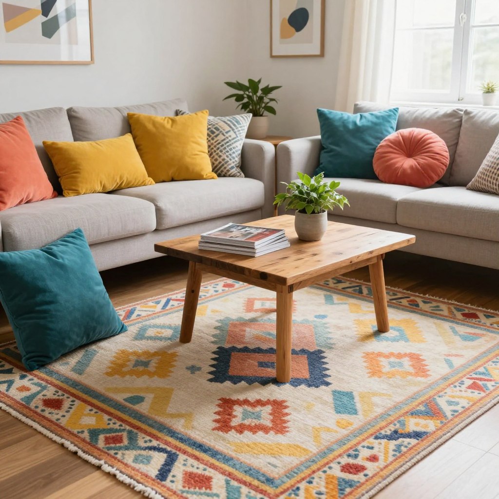 A cozy budget-friendly living room scene featuring a well-arranged layout. In the foreground, a soft area rug in vibrant geometric patterns sprawls across the floor. Colorful throw pillows in various sizes and shapes are artfully arranged on a simple, minimalist sofa, showcasing bright hues like teal, mustard yellow, and coral. In the middle, a small coffee table made of reclaimed wood holds a few stylish magazines and a potted plant, adding a touch of greenery. The background includes gentle wall art with abstract designs. Soft, natural lighting spills through a large window, creating an inviting atmosphere, while the lens captures a slightly elevated angle to emphasize depth. The overall mood is cheerful and relaxed, embodying an affordable yet stylish living space.