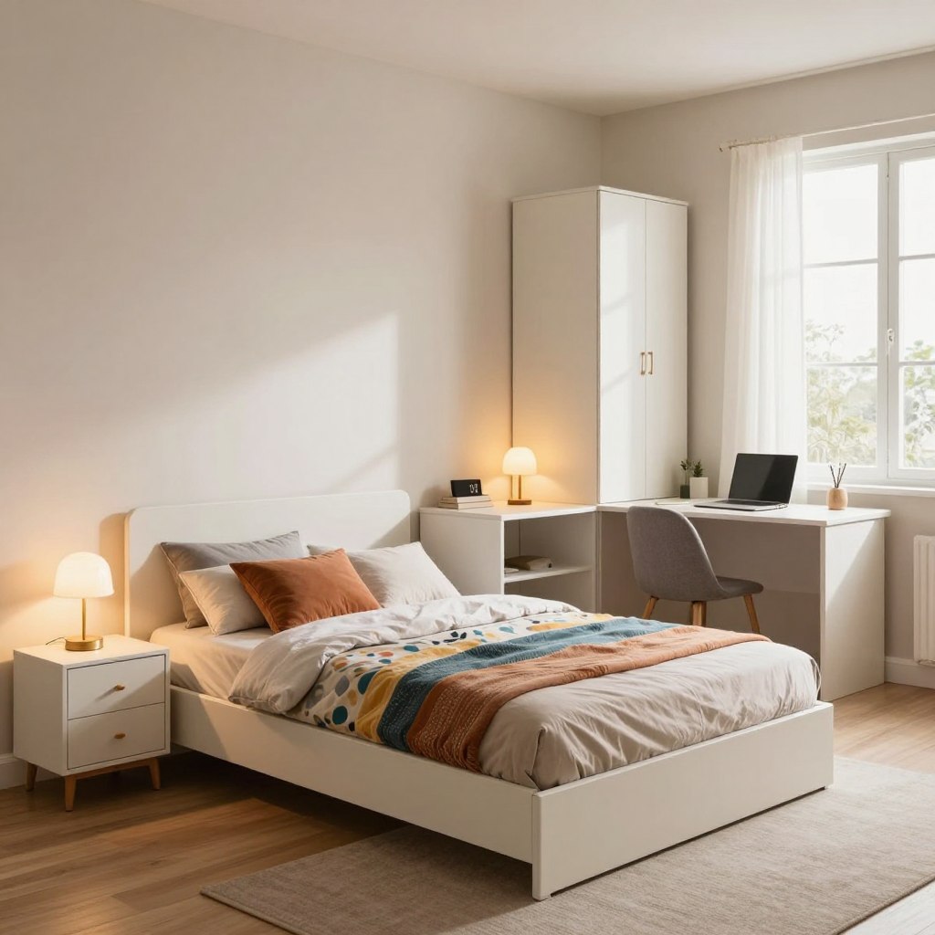 A cozy, compact bedroom featuring innovative space-saving furniture arranged to maximize functionality. In the foreground, a stylish murphy bed is seamlessly folded into the wall, adorned with colorful, patterned bedding. A multifunctional nightstand, equipped with storage drawers and a small reading lamp, sits beside the bed. In the middle ground, a sleek, compact desk with a chair provides a workspace, while a minimalist wardrobe with sliding doors offers ample storage without crowding the room. The background reveals soft, ambient lighting that creates a warm atmosphere, with subtle shadows adding depth. The room is painted in light, calming colors to enhance the sense of space. A large window allows natural light to stream in, showcasing a tidy, inviting environment perfect for relaxation and productivity.