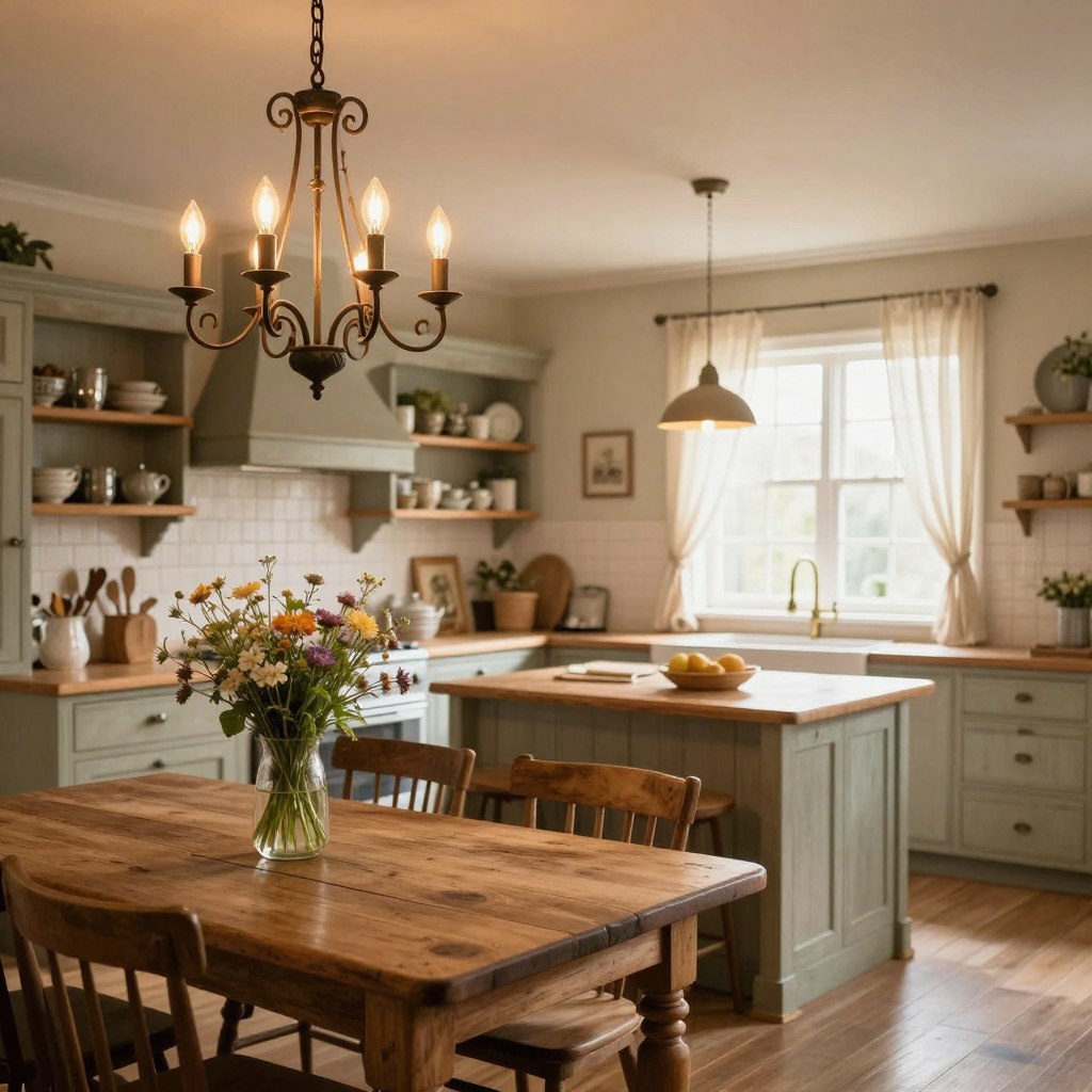 A cozy country kitchen illuminated by elegant, vintage-style lighting fixtures. In the foreground, a rustic wooden farmhouse table with a vase of wildflowers sits beneath a beautifully crafted wrought iron chandelier, adorned with soft Edison bulbs. The middle ground features a spacious kitchen, complete with distressed cabinetry and open shelving showcasing charming dishware, with pendant lights hanging above a large central island. In the background, sunlight filters through sheer linen curtains, casting a warm, inviting glow throughout the room. The atmosphere is serene and nostalgic, evoking a sense of comfort and home. The camera angle captures the entire scene in a soft focus, enhancing the warmth and charm of this perfect country kitchen aesthetic.