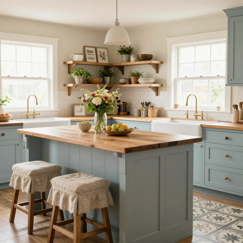 A cozy farmhouse kitchen featuring a spacious kitchen island with built-in seating and storage options. In the foreground, the island showcases a rustic wooden countertop with a warm finish, complemented by comfortable, slip-covered stools. The middle section includes a charming array of open shelving adorned with farmhouse decor, potted herbs, and a centerpiece of fresh flowers. Soft, natural light floods the room through large windows, highlighting a subtle pastel color palette of cream and soft blue. Background details include classic cabinetry, a vintage-style sink, and patterned tiled flooring, creating a welcoming atmosphere. The scene conveys warmth and functionality, perfect for family gatherings in the heart of a farmhouse kitchen.