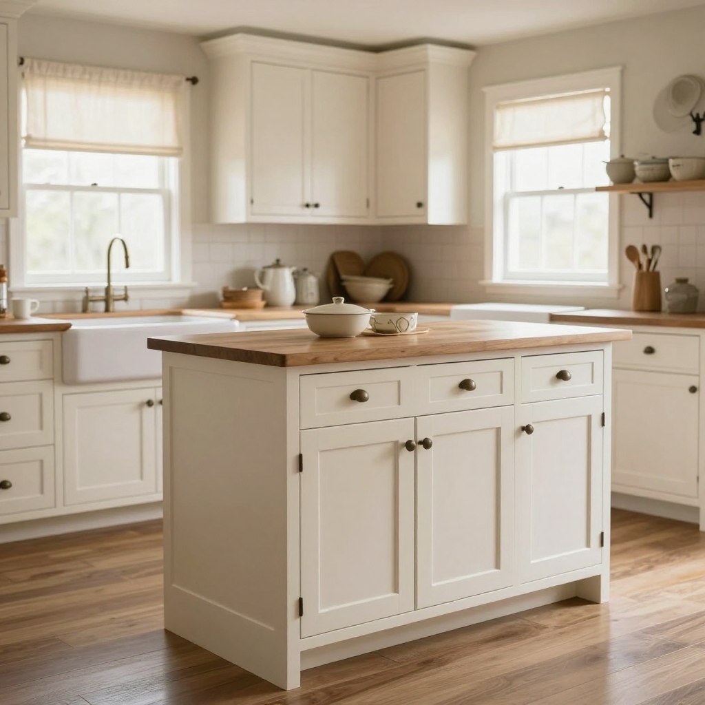 A cozy farmhouse kitchen featuring elegant cabinets in a harmonious blend of white and cream hues. In the foreground, prominent cabinets with raised panel doors are adorned with vintage-style hardware, showcasing a rustic charm. The middle of the scene captures the inviting countertop, complemented by a classic farmhouse sink, with decorative kitchenware added for character. In the background, soft natural light illuminates the space through a window adorned with simple linen curtains, creating a warm ambiance. The overall mood is welcoming and stylish, perfect for a peaceful family gathering. The angle is slightly elevated, providing a comprehensive view of the kitchen design, with a focus on the cabinetry's craftsmanship and the timeless charm they bring to the space.