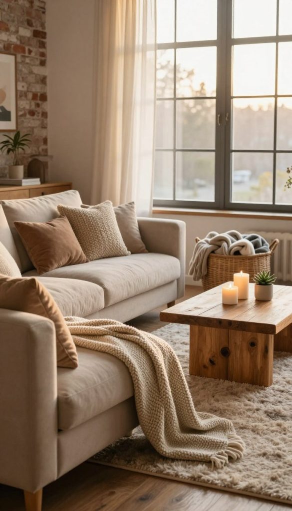 A cozy hygge inspired living room featuring layered textures that evoke warmth and comfort. In the foreground, a plush, oversize beige sofa adorned with a variety of textured throw pillows and a knitted blanket. The middle ground includes a rustic wooden coffee table, topped with soft candles and a small succulent, complemented by a woven basket brimming with cozy blankets. Behind, large windows bathe the space in soft, golden afternoon light, revealing sheer curtains that gently sway. Natural elements like a textured wall with exposed brick and a soft, plush area rug add depth. The overall atmosphere is inviting and serene, designed to feel like a warm hug, where comfort meets modern design elegance.