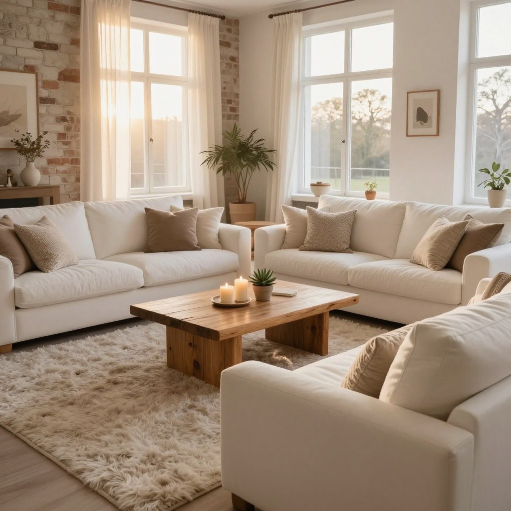 A cozy hygge inspired living room featuring layered textures that evoke warmth and comfort. In the foreground, a plush, oversize beige sofa adorned with a variety of textured throw pillows and a knitted blanket. The middle ground includes a rustic wooden coffee table, topped with soft candles and a small succulent, complemented by a woven basket brimming with cozy blankets. Behind, large windows bathe the space in soft, golden afternoon light, revealing sheer curtains that gently sway. Natural elements like a textured wall with exposed brick and a soft, plush area rug add depth. The overall atmosphere is inviting and serene, designed to feel like a warm hug, where comfort meets modern design elegance. A cozy hygge inspired living room featuring layered textures that evoke warmth and comfort. In the foreground, a plush, oversize beige sofa adorned with a variety of textured throw pillows and a knitted blanket. The middle ground includes a rustic wooden coffee table, topped with soft candles and a small succulent, complemented by a woven basket brimming with cozy blankets. Behind, large windows bathe the space in soft, golden afternoon light, revealing sheer curtains that gently sway. Natural elements like a textured wall with exposed brick and a soft, plush area rug add depth. The overall atmosphere is inviting and serene, designed to feel like a warm hug, where comfort meets modern design elegance.