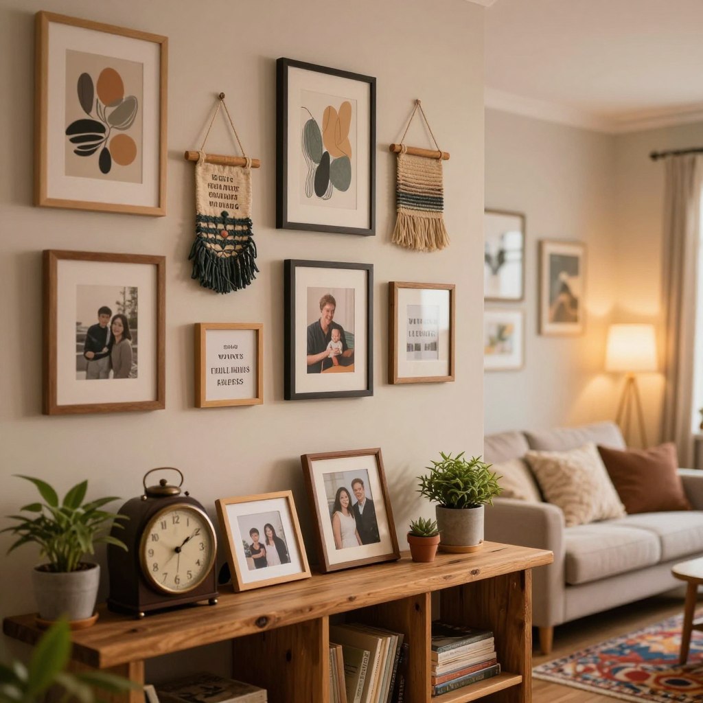 A cozy, lived-in home interior showcasing a collection of meaningful wall decor items. In the foreground, a rustic wooden shelf displays a vintage clock, framed family photographs, and small potted plants, all bathed in warm, ambient lighting. In the middle ground, the wall features an eye-catching gallery of diverse art pieces, including abstract prints, handcrafted wall hangings, and inspirational quotes in elegant frames, creating a sense of personality and warmth. The background hints at a soft, inviting living space with a comfortable sofa, plush throw pillows, and a vibrant area rug. The atmosphere is inviting and serene, captured with a soft-focus lens to enhance the cozy mood, emphasizing the charm and character of a home filled with love and history.