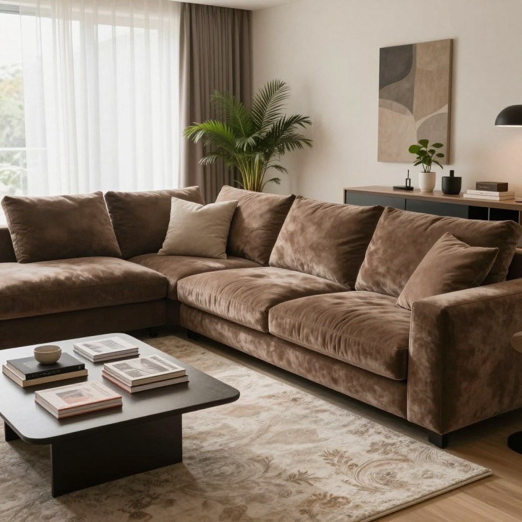 A cozy living room designed for modern comfort, featuring plush, oversized furniture like a deep sectional sofa adorned with soft throw pillows and a luxurious, oversized blanket. The foreground showcases a stylish coffee table with decorative books and a warm, inviting candle. In the middle, a beautifully arranged area rug adds warmth, and a few potted plants bring a touch of nature indoors. The background features a large window with sheer curtains allowing soft, natural light to fill the space, enhancing the welcoming atmosphere. The room is styled with neutral tones and subtle accents of color, creating a harmonious and designer look. Use warm lighting to evoke a comforting mood, captured from a slightly elevated angle to encompass the entire space. A cozy living room designed for modern comfort, featuring plush, oversized furniture like a deep sectional sofa adorned with soft throw pillows and a luxurious, oversized blanket. The foreground showcases a stylish coffee table with decorative books and a warm, inviting candle. In the middle, a beautifully arranged area rug adds warmth, and a few potted plants bring a touch of nature indoors. The background features a large window with sheer curtains allowing soft, natural light to fill the space, enhancing the welcoming atmosphere. The room is styled with neutral tones and subtle accents of color, creating a harmonious and designer look. Use warm lighting to evoke a comforting mood, captured from a slightly elevated angle to encompass the entire space.