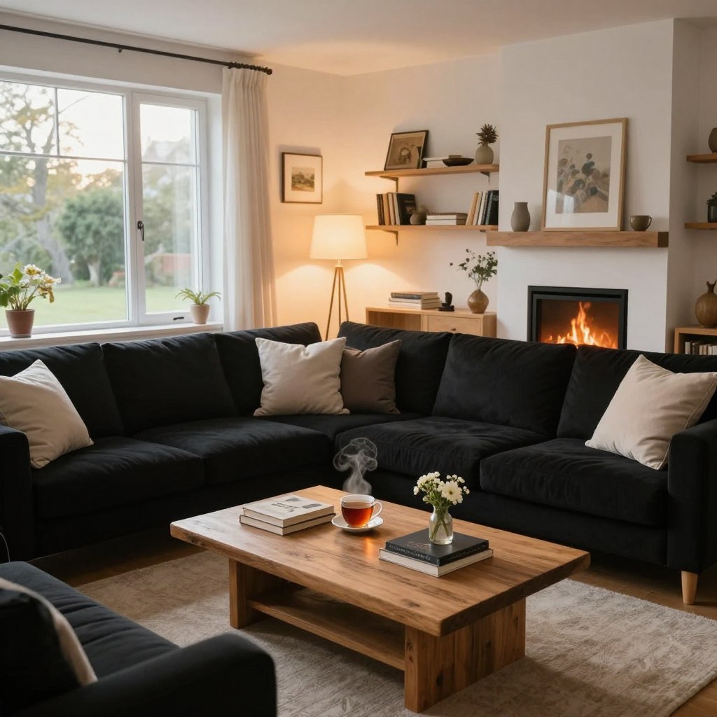 A cozy living room designed for warmth and comfort, featuring a plush sectional sofa adorned with soft throw pillows and a luxurious knitted blanket in the foreground. In the middle, a rustic wooden coffee table holds a steaming cup of tea, surrounded by a few stylish coffee table books and a small vase with fresh flowers. The background showcases warm, ambient lighting from a stylish floor lamp and a flickering fireplace, creating an inviting glow. Shelves lined with books and decorative items add character to the room, while large windows reveal a serene outdoor view, letting in soft natural light. The overall atmosphere is tranquil and welcoming, perfect for relaxation and socializing. Capture this scene from a slightly elevated angle to enhance the cozy vibe.