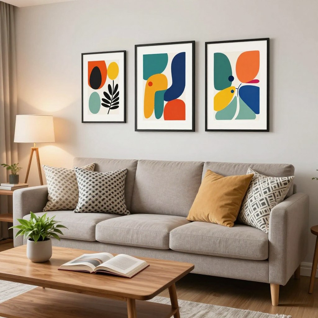A cozy living room featuring affordable wall art that adds style and character to the space. In the foreground, a minimalist wooden coffee table holds a few decorative items—such as a plant and an open book. The middle section showcases a stylish sofa adorned with patterned throw pillows, positioned against a wall featuring several framed prints with vibrant colors and abstract designs, effectively maximizing visual interest on a budget. The background includes soft, warm lighting from lamps that create an inviting atmosphere. Capture the scene from a slightly elevated angle to enhance depth, showcasing the harmonious blend of budget-friendly decor elements. The overall mood is cheerful and accessible, promoting the idea that chic design can be affordable.