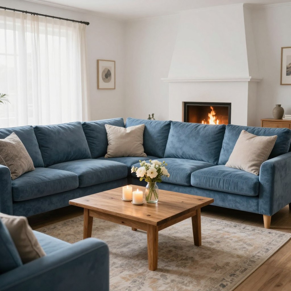 A cozy living room featuring an intimate seating arrangement, highlighting a plush, warm-toned sectional sofa adorned with soft, textured cushions. In the foreground, a knitted throw blanket is draped casually across one armrest. A low, rustic wooden coffee table sits in the center, holding a few aromatic candles and a small vase of fresh flowers. In the middle, a soft area rug adds warmth to the space, framing the seating area. The background includes a warm fireplace with a gentle flicker of flames, casting a soft glow across the room. Natural light filters in through sheer curtains, creating an inviting, tranquil atmosphere. The overall mood is serene and welcoming, perfect for relaxation and intimate gatherings.
