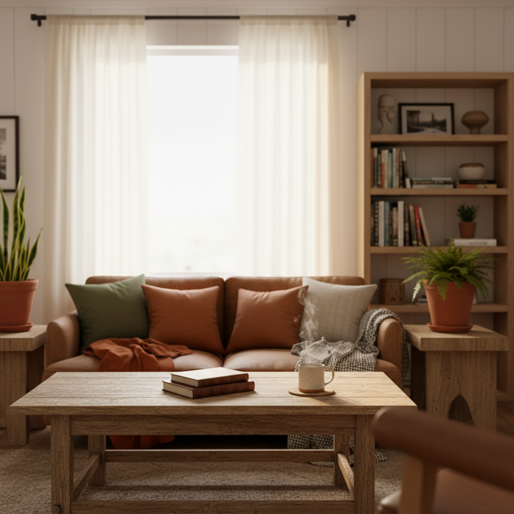 A cozy living room featuring natural wood elements, with a rustic wooden coffee table in the foreground, adorned with a soft, knitted throw blanket and a steaming mug. In the middle ground, a comfortable, inviting sofa, upholstered in earthy tones, is flanked by wooden side tables, each hosting lush green plants in natural clay pots. The background reveals a large window allowing warm, golden sunlight to filter through sheer curtains, illuminating the space and creating a welcoming ambiance. A wooden bookshelf filled with books and decorative items complements the scene. Capture this setting using a warm, soft focus lens, emphasizing the inviting and peaceful atmosphere, with rich textures and earthy colors that evoke warmth and relaxation.