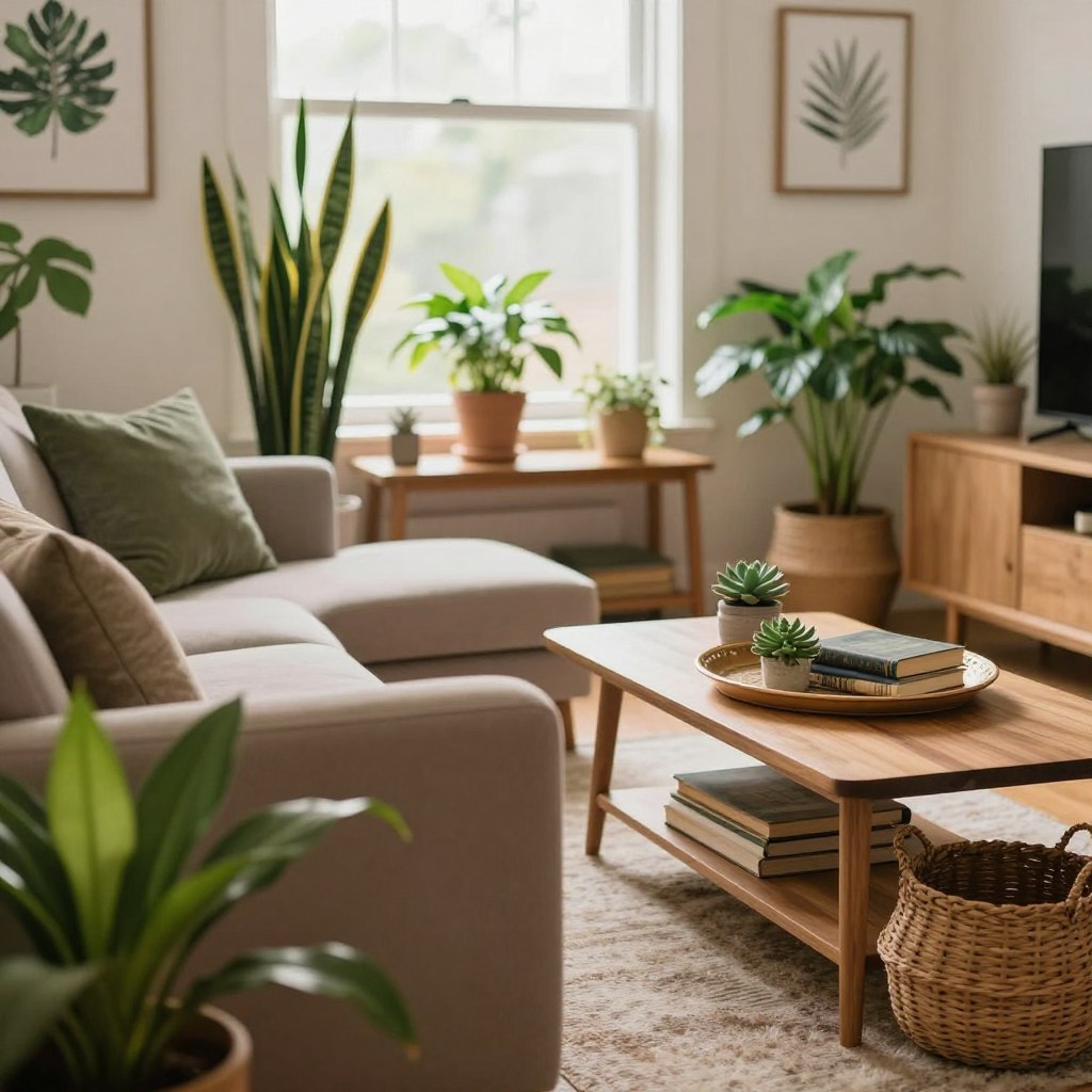 A cozy living room filled with natural plants and warm interior design elements. In the foreground, a comfortable upholstered sofa in soft earth tones is accented by vibrant green potted plants, such as a snake plant and a peace lily. In the middle, a wooden coffee table with a decorative tray holds a small succulent and a stack of rustic books, while a woven basket in the corner adds texture. The background features a large window letting in soft, natural light, creating a warm atmosphere. A soft area rug sits underfoot, and framed botanical art adorns the walls. The scene should evoke feelings of tranquility and homeliness, with a slightly blurred depth of field, captured at eye level to emphasize the inviting details of the space.