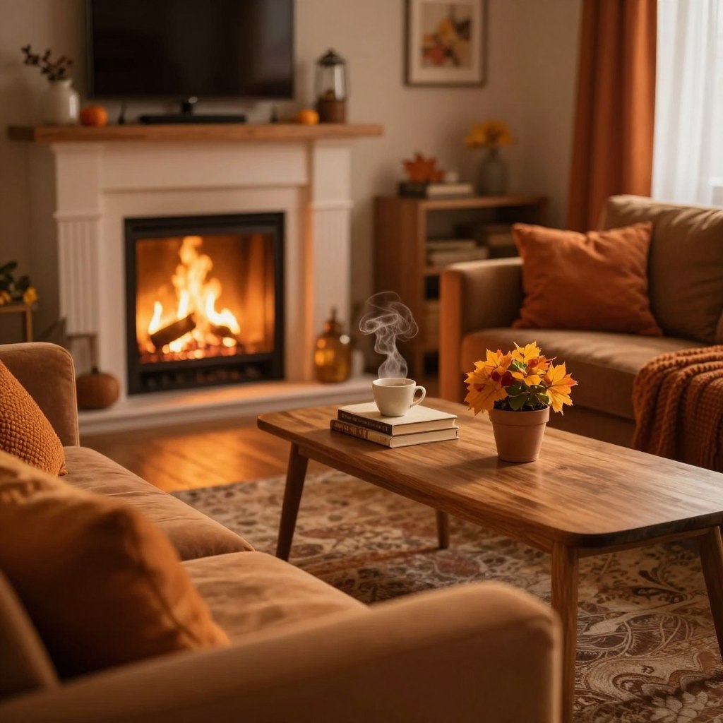 A cozy living room interior featuring a rich, warm color palette dominated by deep oranges, soft browns, and golden yellows. In the foreground, a plush sofa adorned with textured throw pillows and a warm, inviting blanket. The middle ground showcases a wooden coffee table with a steaming cup, a stack of books, and a small, vibrant plant, creating a homely focal point. The background includes a softly glowing hearth, surrounded by autumn-themed decor, while warm, diffused lighting bathes the entire room, enhancing the depth of colors. The atmosphere is serene and intimate, capturing the essence of comfort and relaxation in a space designed for warmth and connection.