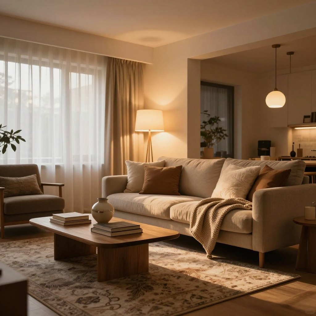 A cozy living room interior featuring layered lighting design. In the foreground, a plush, soft area rug with subtle patterns, surrounded by a stylish coffee table with warm-toned books and a ceramic vase. In the middle, a comfortable couch adorned with fluffy throw pillows and a knitted blanket, illuminated by a combination of ambient ceiling lights, floor lamps with soft white bulbs, and warm pendant lighting. In the background, large windows draped with sheer curtains allow natural light to filter in, enhancing the inviting atmosphere. Emphasize a warm color palette of earthy tones, with golden light casting gentle shadows to create a serene and tranquil mood, captured from a slightly angled perspective for depth.