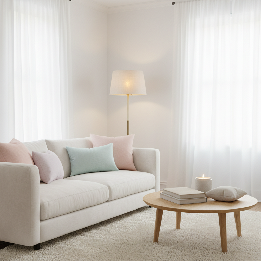 A cozy living room scene featuring a variety of soft plush textures. In the foreground, a plush velvet sofa adorned with fluffy cushions in pastel hues. A thick knitted throw drapes over the armrest, adding warmth. The middle ground showcases a textured area rug with a luxurious feel, paired with a wooden coffee table stacked with soft fabric books and a calming candle. In the background, warm ambient lighting emanates from a stylish floor lamp, casting a gentle glow that invites relaxation. Large windows dressed in sheer curtains softly diffuse natural light, creating a serene atmosphere. The overall mood is inviting and tranquil, perfect for embracing comfort and coziness.