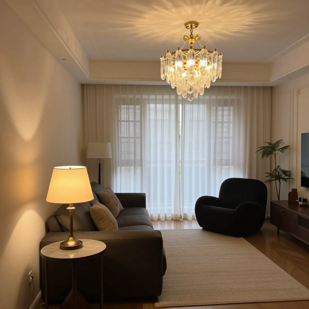 A cozy living room scene featuring an array of warm and inviting home accessories lighting options. In the foreground, a stylish table lamp with a soft yellow glow sits on a chic side table next to a plush armchair adorned with a knitted throw blanket. The middle ground showcases a beautifully lit chandelier with elegant glass accents hanging from the ceiling, casting gentle patterns on the walls. In the background, a large window draped with sheer curtains allows natural light to filter through, creating a peaceful ambiance. The scene is softly illuminated to evoke a sense of comfort and relaxation, with warm colors dominating the palette, inviting viewers to imagine a tranquil home environment. The photo is taken from a slightly elevated angle to capture the entire setting beautifully.