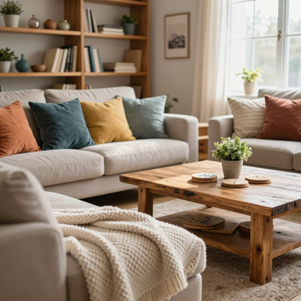 A cozy living room scene featuring frugal home styling elements such as DIY textiles and creative rearrangement techniques. In the foreground, a soft, textured throw blanket drapes over a simple sofa, paired with colorful, mismatched cushions. In the middle, a rustic coffee table made from reclaimed wood holds a small indoor plant and handmade coasters. In the background, bookshelves filled with books and decor items showcase a personalized touch, while a light, airy window allows natural sunlight to stream in, creating a warm and inviting atmosphere. The overall mood is relaxed and inspiring, with a focus on affordability and creativity in home decor. Utilize soft, diffused lighting to enhance warmth and depth, with a slight depth of field to emphasize the foreground details.