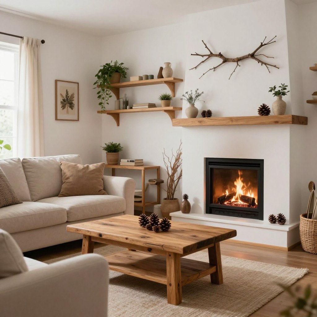 A cozy living room scene featuring natural elements for decor, with a focus on branches and pinecones. In the foreground, a rustic wooden coffee table adorned with a detailed arrangement of pinecones, twigs, and small branches, creating an organic centerpiece. In the middle, a comfortable sofa draped with a soft, textured throw blanket and accented by plush pillows in earthy tones. The background showcases a gentle glow from a warm fireplace, surrounded by wooden shelves displaying potted plants and nature-inspired decor. Soft, diffused lighting fills the room, casting shadows that enhance the cozy atmosphere. The angle should be slightly elevated, inviting the viewer into this peaceful, nature-infused space, perfect for relaxation and warmth.