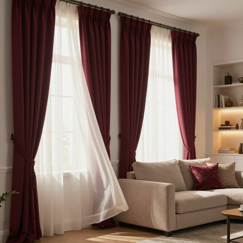 A cozy living room scene featuring strategic window treatments that enhance comfort. In the foreground, lush thermal curtains in a deep burgundy fabric frame large windows, gently billowing with a soft breeze. Layered behind are elegant sheer white drapes that add lightness, filtering sunlight to create a warm, inviting glow. The middle ground showcases a plush, inviting sofa adorned with patterned throw pillows, a soft blanket draped casually over one arm. In the background, a bookshelf filled with decorative items and warm lighting contributes to a tranquil atmosphere. The scene is illuminated by soft, diffused natural light coming through the windows, capturing a serene and comforting mood. The composition should evoke a sense of relaxation and homeliness, with no text or distractions.