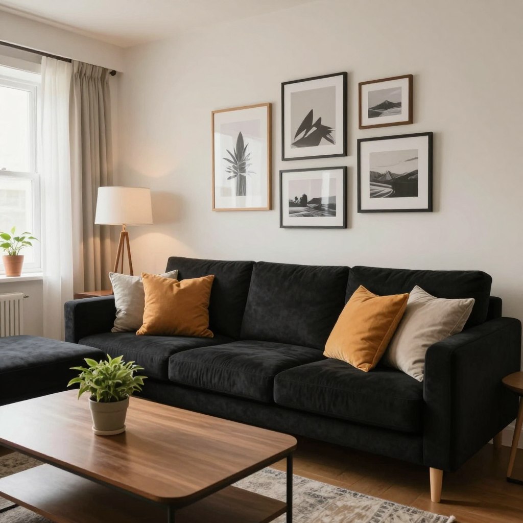 A cozy living room scene showcasing affordable interior design ideas. In the foreground, a stylish yet budget-friendly coffee table adorned with a small potted plant and a stack of colorful magazines. The middle section features a comfortable couch with soft, neutral fabric, accented by vibrant throw pillows and a warm, inviting blanket draped casually. An eye-catching gallery wall is displayed behind, featuring inexpensive art prints in simple frames. The background includes a window with sheer curtains, allowing natural light to fill the room, enhancing the inviting atmosphere. The lighting is soft and warm, creating a relaxed and welcoming mood. The angle is slightly elevated, capturing the entire room in a homey yet polished setting, perfect for illustrating budget-friendly interior design.