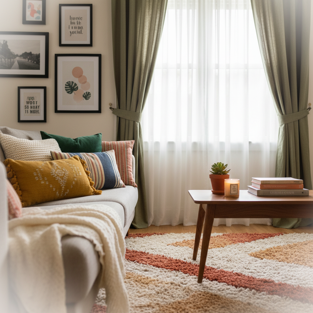 A cozy living room scene showcasing inexpensive home styling tricks. In the foreground, a plush, layered area rug in warm earth tones contrasts with vibrant throw pillows in various textures. The middle section features an updated mid-century modern coffee table with stylish decorative items, like a small succulent and a chic candle. A couple of elegant, layered curtains frame a bright window in the background, allowing soft natural light to illuminate the room. The walls are adorned with affordable art prints in simple frames. The overall ambiance feels inviting and warm, with a touch of creativity and practicality. The image is captured with a soft focus effect, enhancing the cozy atmosphere and highlighting the layered textiles.