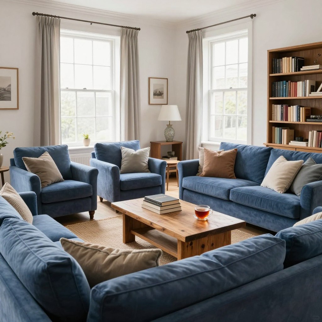 A cozy living space elegantly decorated to evoke comfort and warmth. In the foreground, a plush, oversized sofa adorned with soft throw pillows in muted earth tones. On either side, stylish armchairs offer additional seating, their fabric patterned with subtle floral designs. In the middle, a rustic wooden coffee table showcases a stack of books and a warm cup of tea. The background features large windows allowing natural light to flood the room, enhancing the inviting atmosphere. Soft, neutral-colored curtains frame the windows, and a woven area rug anchors the seating arrangement. To the side, a tall bookshelf filled with well-loved books adds character. Overall, the lighting is soft and ambient, creating a serene, homey vibe perfect for relaxation and conversation, captured from a slightly elevated angle for an expansive view.