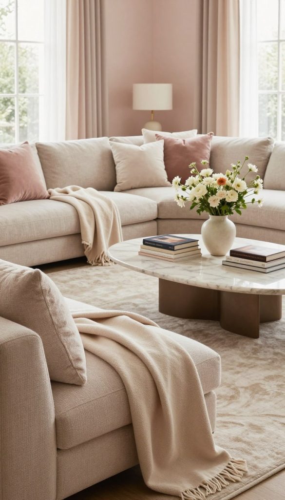 A cozy modern living room designed with soft textiles and layered fabrics. In the foreground, plush, oversized cushions and a soft throw blanket are arranged on a large, inviting sofa. In the middle, an elegant coffee table is topped with a stack of stylish books and a chic vase filled with fresh flowers, complemented by a soft area rug that adds warmth. The background features soft pastel walls and large windows allowing gentle natural light to fill the space, enhancing the inviting atmosphere. The scene is taken from a slight angle to capture the depth and layering of fabrics, creating an intimate and welcoming mood that feels luxurious yet comfortable.