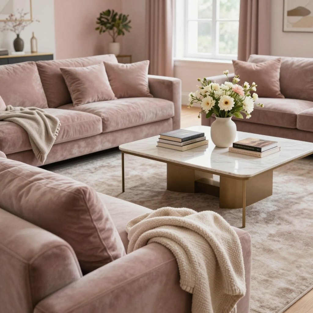 A cozy modern living room designed with soft textiles and layered fabrics. In the foreground, plush, oversized cushions and a soft throw blanket are arranged on a large, inviting sofa. In the middle, an elegant coffee table is topped with a stack of stylish books and a chic vase filled with fresh flowers, complemented by a soft area rug that adds warmth. The background features soft pastel walls and large windows allowing gentle natural light to fill the space, enhancing the inviting atmosphere. The scene is taken from a slight angle to capture the depth and layering of fabrics, creating an intimate and welcoming mood that feels luxurious yet comfortable. A cozy modern living room designed with soft textiles and layered fabrics. In the foreground, plush, oversized cushions and a soft throw blanket are arranged on a large, inviting sofa. In the middle, an elegant coffee table is topped with a stack of stylish books and a chic vase filled with fresh flowers, complemented by a soft area rug that adds warmth. The background features soft pastel walls and large windows allowing gentle natural light to fill the space, enhancing the inviting atmosphere. The scene is taken from a slight angle to capture the depth and layering of fabrics, creating an intimate and welcoming mood that feels luxurious yet comfortable.