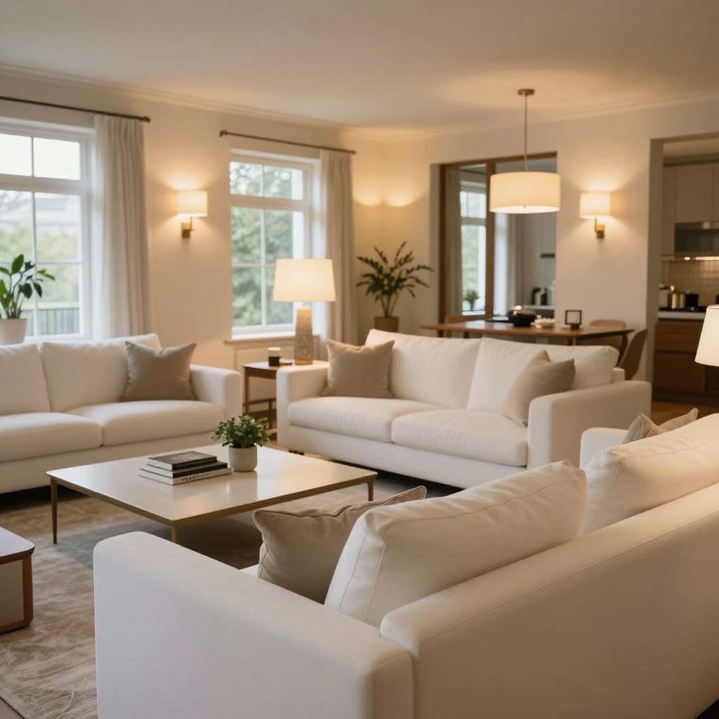 A cozy, modern living room featuring a layered lighting design, emphasizing warmth and comfort. In the foreground, a plush, inviting sofa adorned with soft throw pillows and a textured blanket. The middle ground showcases a stylish coffee table with decorative books and a small plant. Behind, large windows allow natural light to flow in, complemented by a combination of pendant lights and wall sconces that create an inviting glow. The atmosphere should feel both welcoming and sophisticated, with warm tones and soft shadows accentuating the aesthetic. The image captures a wide-angle view, showcasing the harmonious arrangement of furniture and lighting, evoking a sense of tranquility and modern elegance. A cozy, modern living room featuring a layered lighting design, emphasizing warmth and comfort. In the foreground, a plush, inviting sofa adorned with soft throw pillows and a textured blanket. The middle ground showcases a stylish coffee table with decorative books and a small plant. Behind, large windows allow natural light to flow in, complemented by a combination of pendant lights and wall sconces that create an inviting glow. The atmosphere should feel both welcoming and sophisticated, with warm tones and soft shadows accentuating the aesthetic. The image captures a wide-angle view, showcasing the harmonious arrangement of furniture and lighting, evoking a sense of tranquility and modern elegance.