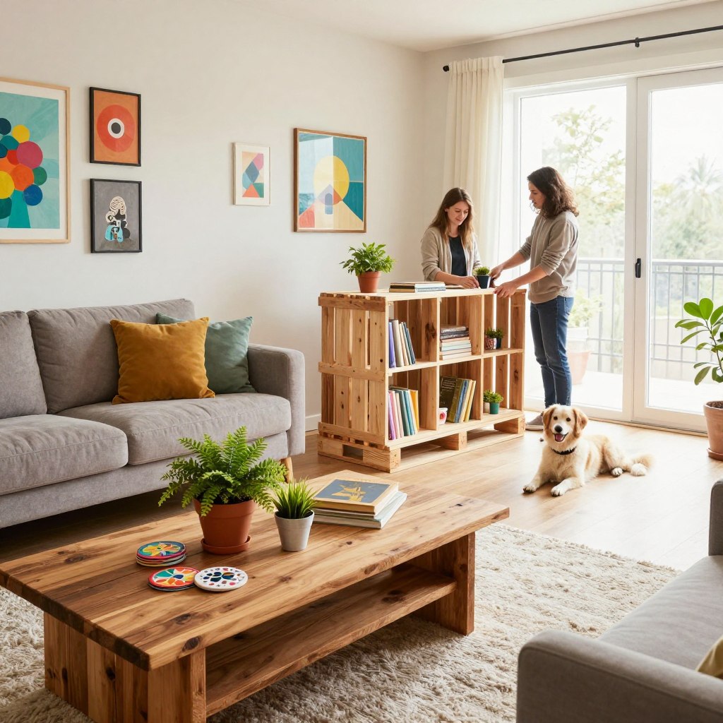 A cozy, modern living room filled with creative DIY home improvement projects. In the foreground, a stylish reclaimed wood coffee table with vibrant plant displays, and handmade coasters. In the middle, an accent wall decorated with colorful, upcycled art pieces and a soft, textured area rug. A comfortable, modestly dressed couple is seen assembling a custom bookshelf made from repurposed pallets, while a cheerful pet dog lounges nearby. The background showcases large windows with natural light pouring in, illuminating the space. Warm, inviting colors enhance the atmosphere, while soft shadows create a relaxed, homely feel. A hint of greenery from potted plants adds life to the setting. Capture this scene from a slightly elevated angle for a comprehensive view.