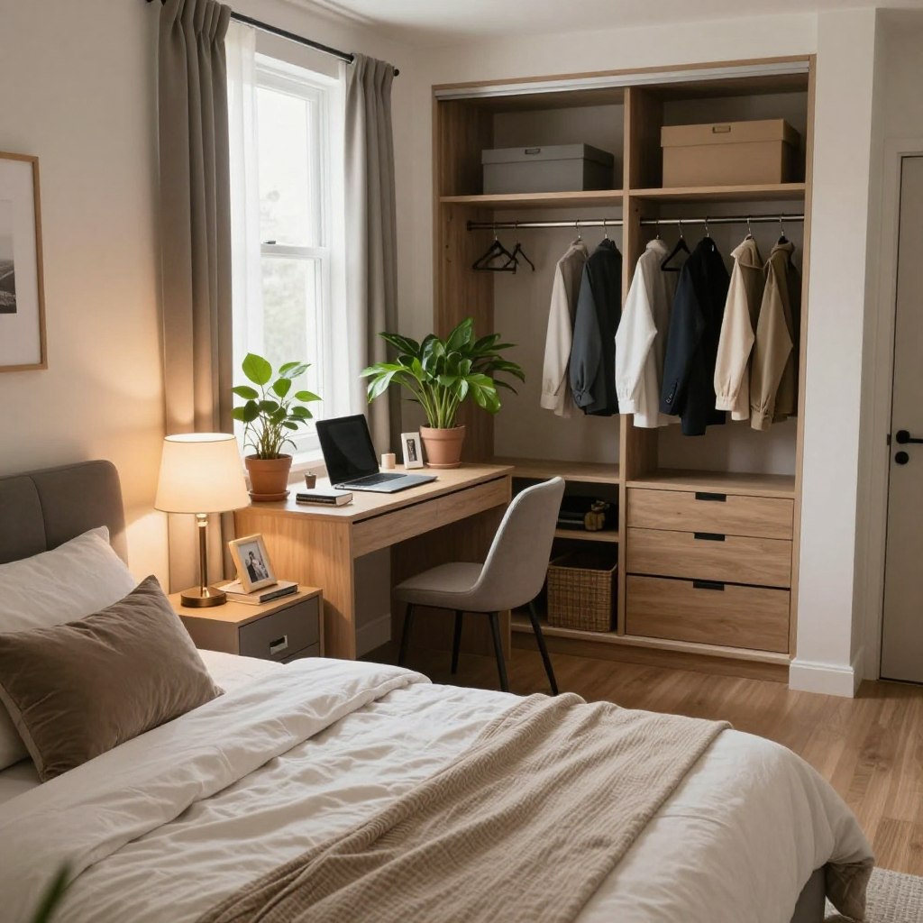 A cozy small bedroom designed for couples, showcasing a smart and efficient layout. In the foreground, a neatly made bed with soft, neutral-colored bedding and decorative pillows. On one side, a small nightstand with an elegant lamp, and personal items like books and a framed photo. The middle features a compact desk with a chair, optimized for work or study, surrounded by lush indoor plants for a touch of greenery. The background includes a well-organized closet space with sliding doors, maximizing floor space. Natural light floods the room through a window with sheer curtains, creating a warm and inviting atmosphere. The angle captures the essence of comfort and practicality, emphasizing harmony in design while maintaining a stylish aesthetic. The overall mood is serene and romantic, ideal for couples. A cozy small bedroom designed for couples, showcasing a smart and efficient layout. In the foreground, a neatly made bed with soft, neutral-colored bedding and decorative pillows. On one side, a small nightstand with an elegant lamp, and personal items like books and a framed photo. The middle features a compact desk with a chair, optimized for work or study, surrounded by lush indoor plants for a touch of greenery. The background includes a well-organized closet space with sliding doors, maximizing floor space. Natural light floods the room through a window with sheer curtains, creating a warm and inviting atmosphere. The angle captures the essence of comfort and practicality, emphasizing harmony in design while maintaining a stylish aesthetic. The overall mood is serene and romantic, ideal for couples.