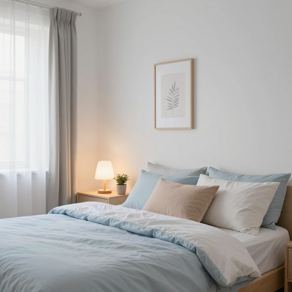 A cozy small bedroom featuring light color palette decorating ideas. In the foreground, a neatly made bed with soft pastel bedding and fluffy pillows invites comfort. On the bedside table, a delicate lamp emits a warm glow. The middle layer showcases a subtle wall art piece and a small potted plant, adding a touch of nature. In the background, light curtains gently filter in soft daylight, enhancing the airy atmosphere. The walls are painted in soft whites and pale blues, creating an illusion of spaciousness. The perspective captures the room from an angle that emphasizes depth, with a wide lens effect to highlight the bright and inviting ambiance. Overall, the scene should reflect tranquility and inspiration for decorating small spaces.