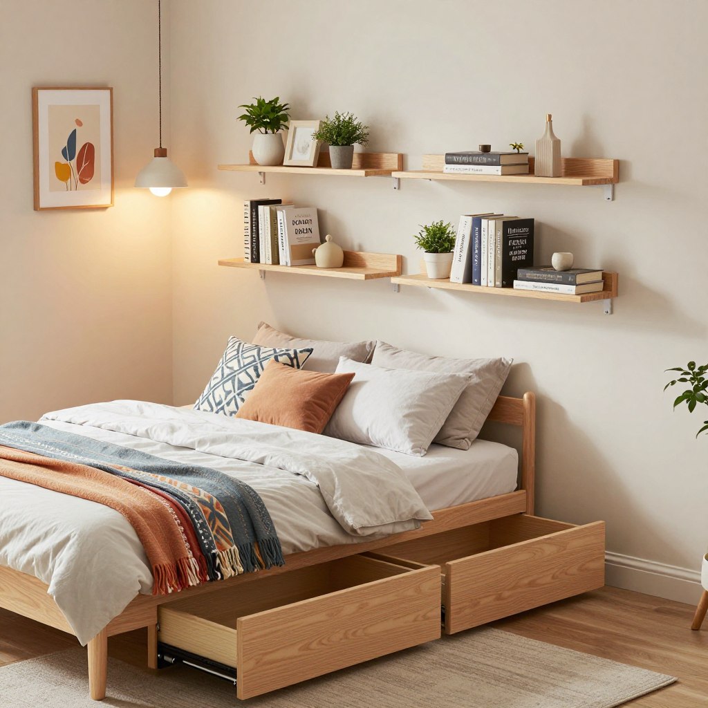 A cozy small bedroom featuring stylish under-bed storage solutions and elegant wall-mounted shelves. The foreground showcases a neatly made bed with decorative cushions and a colorful throw, with pull-out drawers underneath for discreet storage. In the middle, wooden shelves adorned with trendy books and decorative plants offer additional space-saving options. The background includes a soft, dimmable wall-mounted light casting warm light, enhancing the relaxing ambiance. The color scheme consists of soft pastels and natural wood tones, creating a harmonious and inviting atmosphere. The room is decorated with framed art and a minimalistic rug, emphasizing creativity without compromising on style. Capture the scene from a slightly elevated angle to highlight the storage solutions effectively.